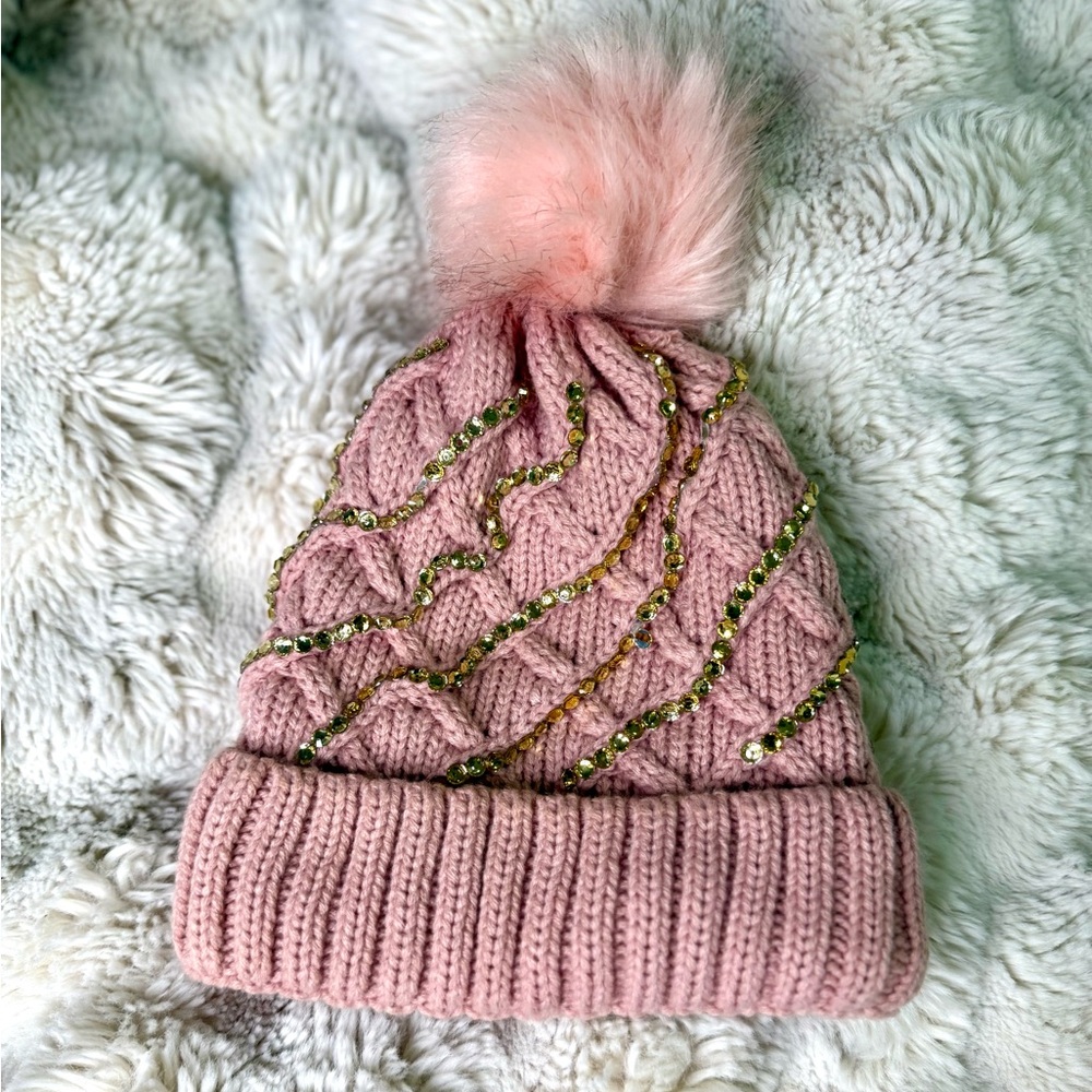 Pink Knit Beanie with Gold Rhinestone Accents